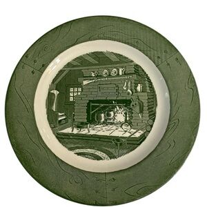 Vintage 1950s Colonial Homestead by Royal 10" Dinner Plate Green White Fireplace